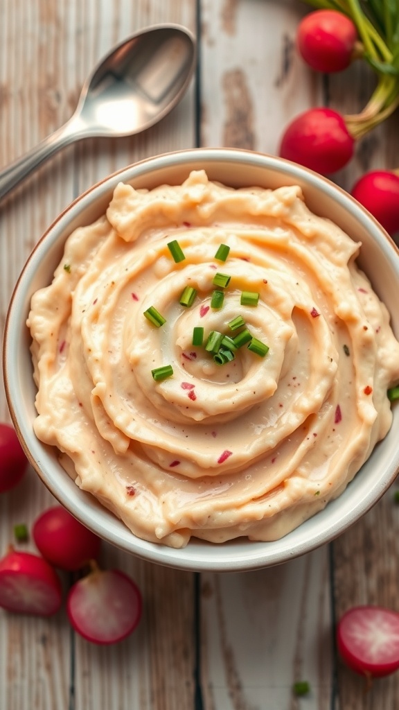 A bowl of creamy mashed radishes garnished with chives on a rustic table.